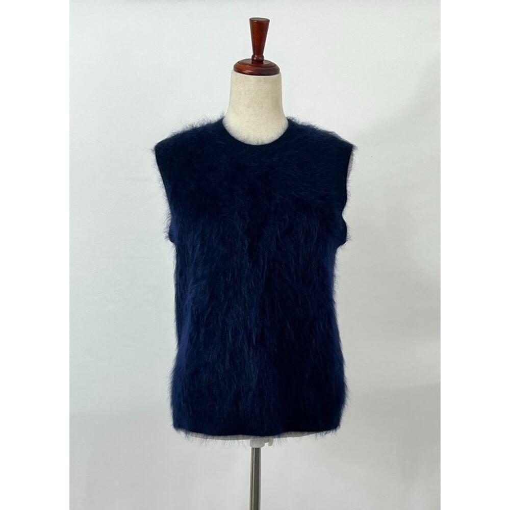 LISA YANG Sz 1 S M Small Navy Blue Brushed 100% Cashmere Sleeveless Sweater Vest